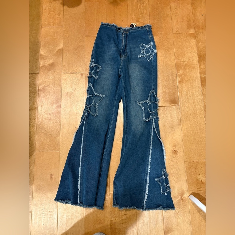 Romwe hippie flare stretchy boho  jeans frayed stars  sz M 6 8 high rise